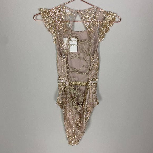 Hello Molly Look At You Bodysuit Champagne Glitter Womens Medium Lace Up Back - Picture 4 of 13